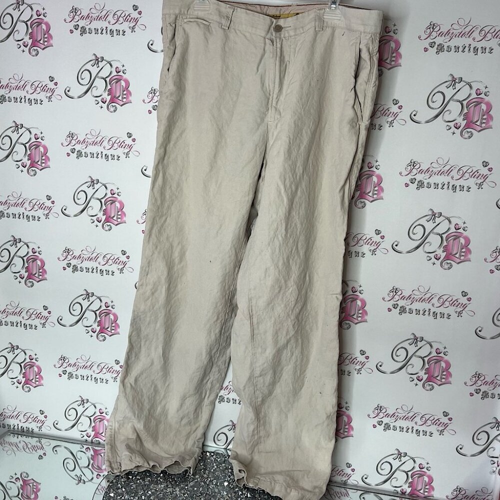 Tommy Bahama pants linen & silk flowy beach style Tan Chinos Relaxed Fit comfy